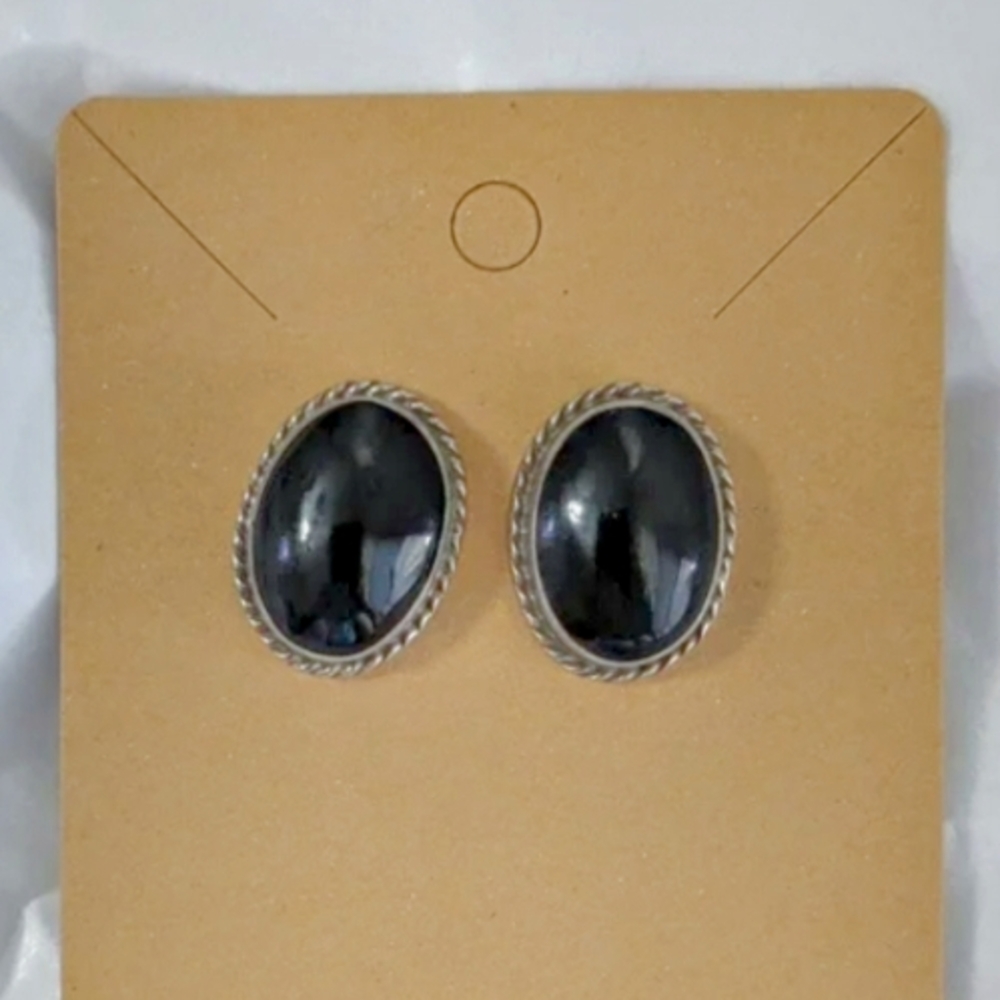 Black Oval Stud Earrings .925 Silver Mexico
